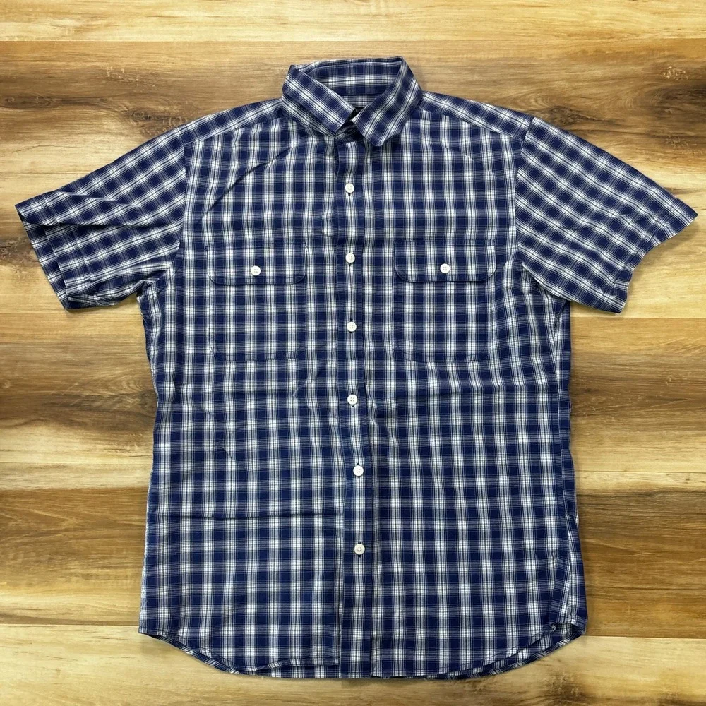 Banana Republic Button Down Shirt Size S Plaid Cotton Short Sleeve Blue White